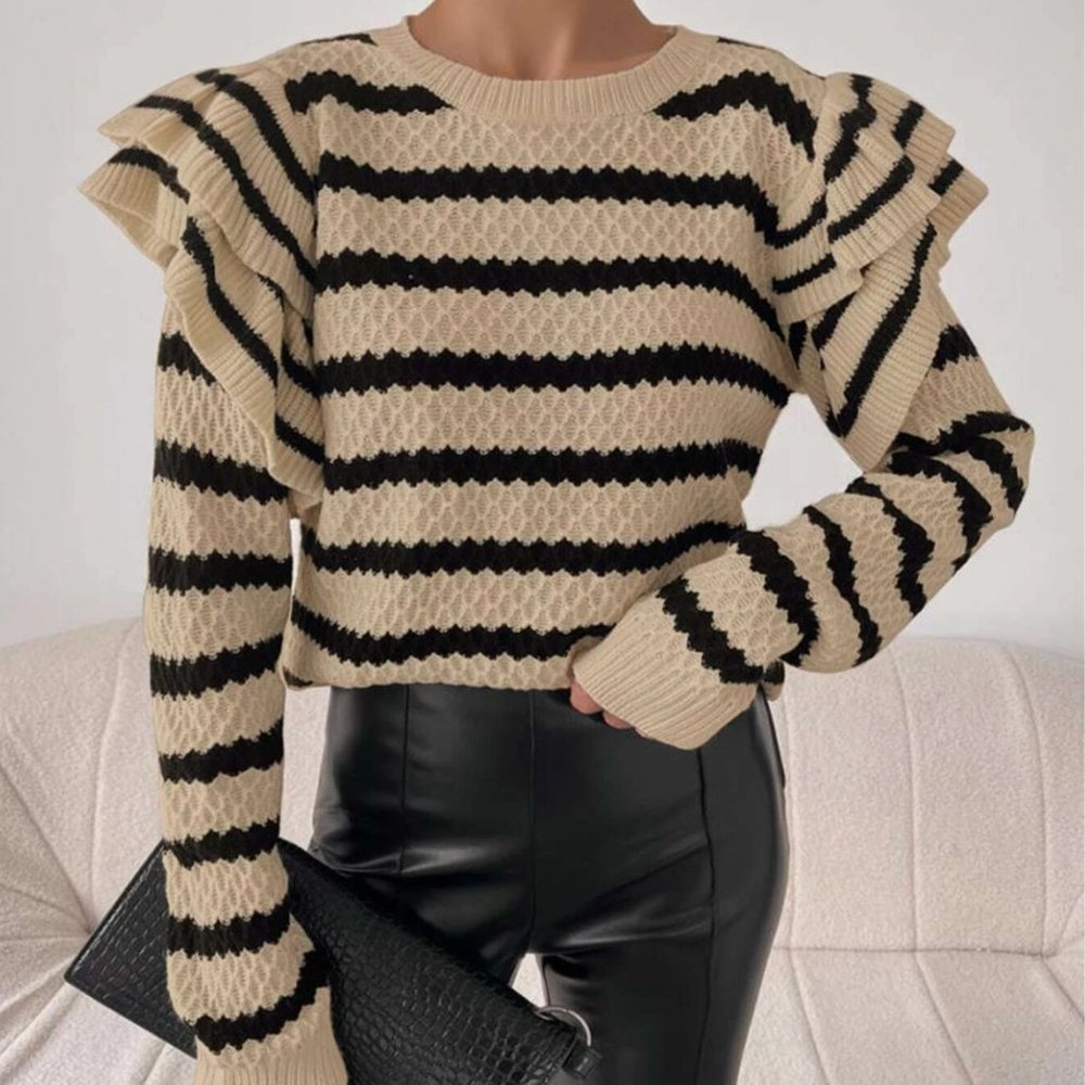 striped pattern ruffle trim sweater